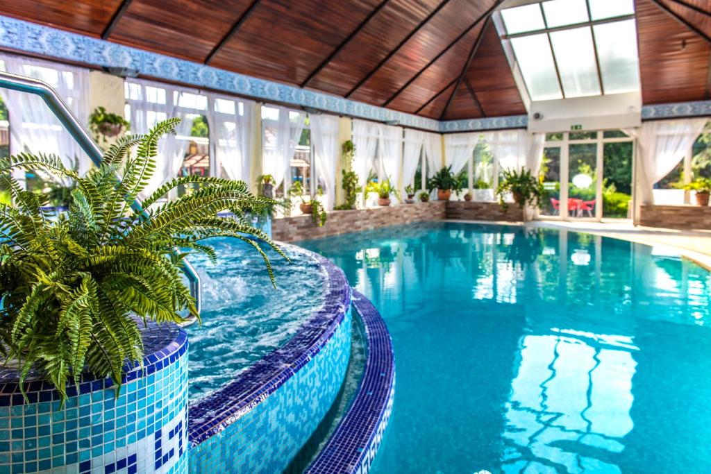 - une piscine avec un palmier dans une maison dans l'établissement Duna Relax Hotel Ráckeve, à Ráckeve