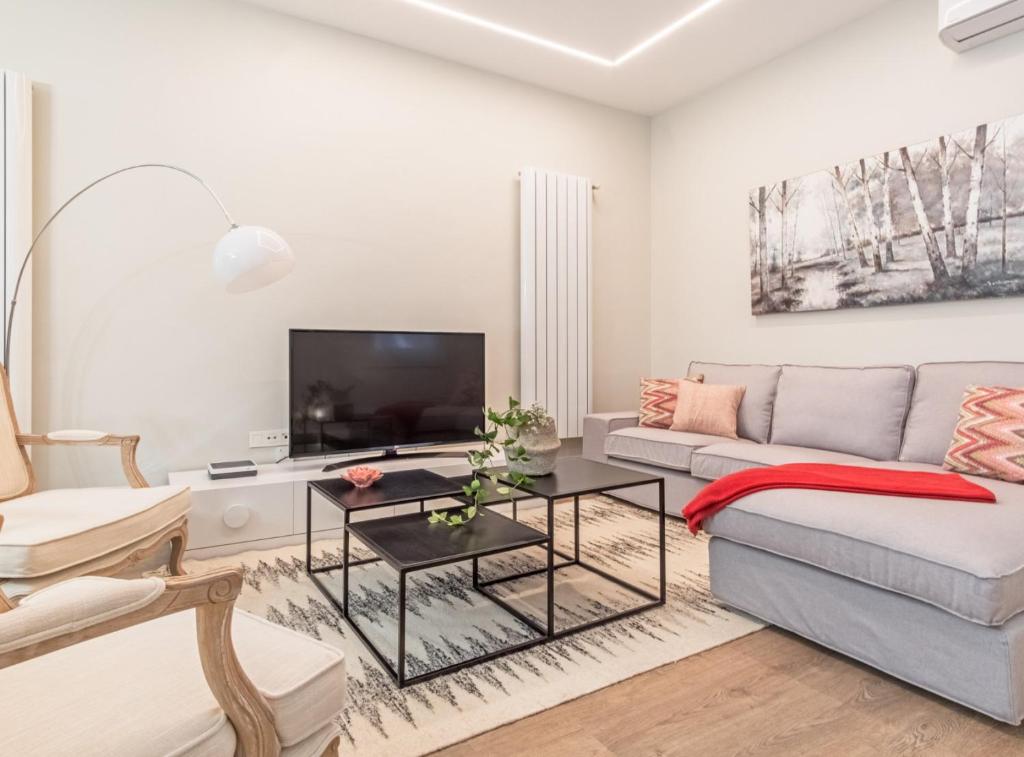 ein Wohnzimmer mit Couch und Fernseher in der Unterkunft Experience the best of Madrid! Gran Vía Apartment for 6, comfort and style in the heart of Chueca III in Madrid