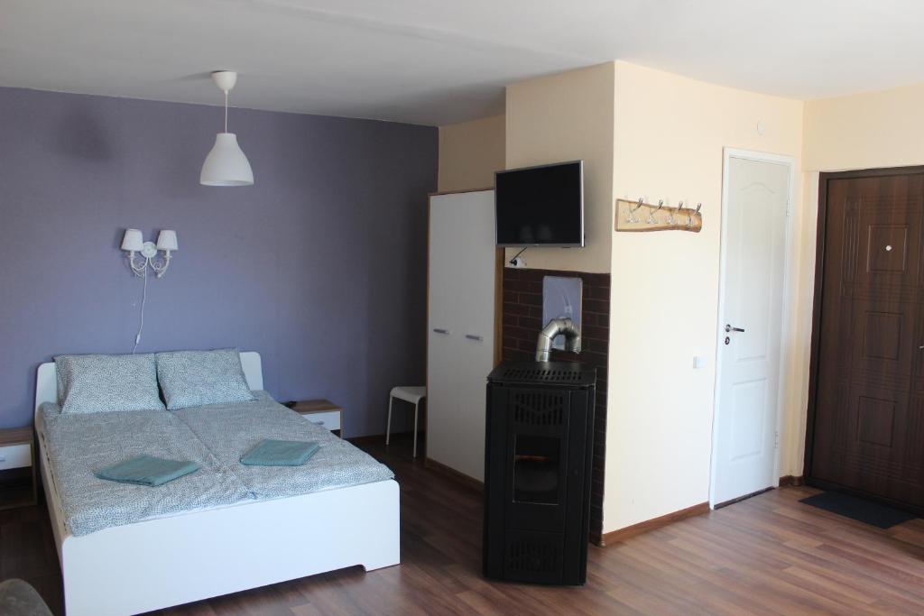 una camera con letto e TV a schermo piatto di White box apartment a Liepāja