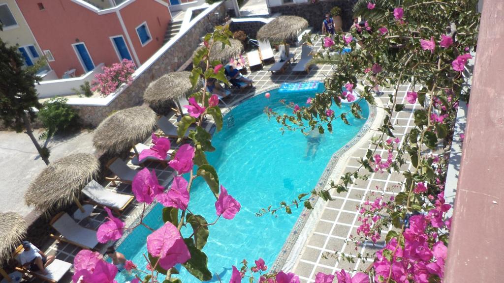 een uitzicht over een zwembad met roze bloemen bij Kafouros Hotel in Kamari