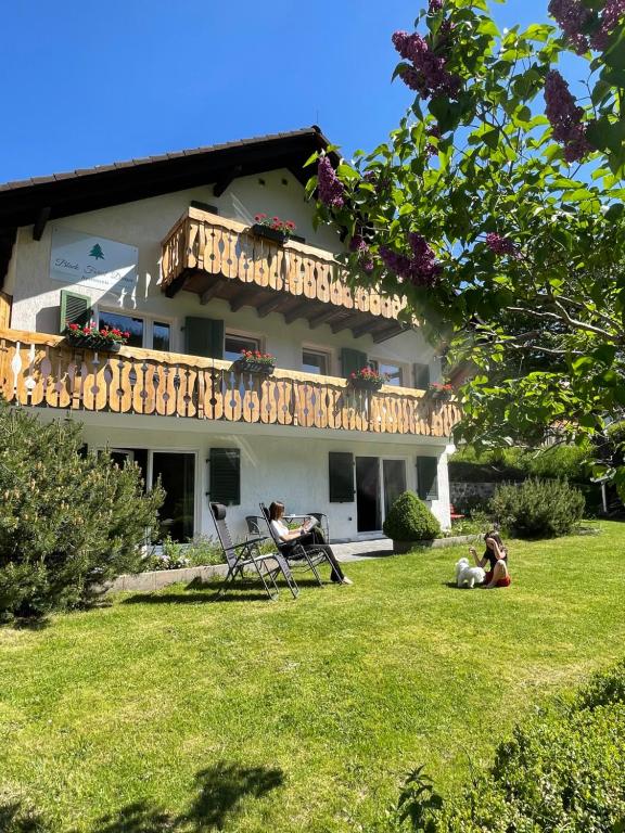 deux personnes assises dans l'herbe devant une maison dans l'établissement Black Forest Dream Apartments, à Feldberg