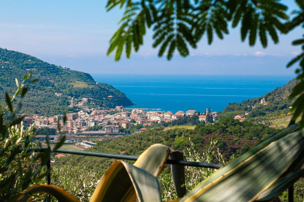 a bench sitting on a hill overlooking the ocean at Villa dell'Erta - Levanto in Montale