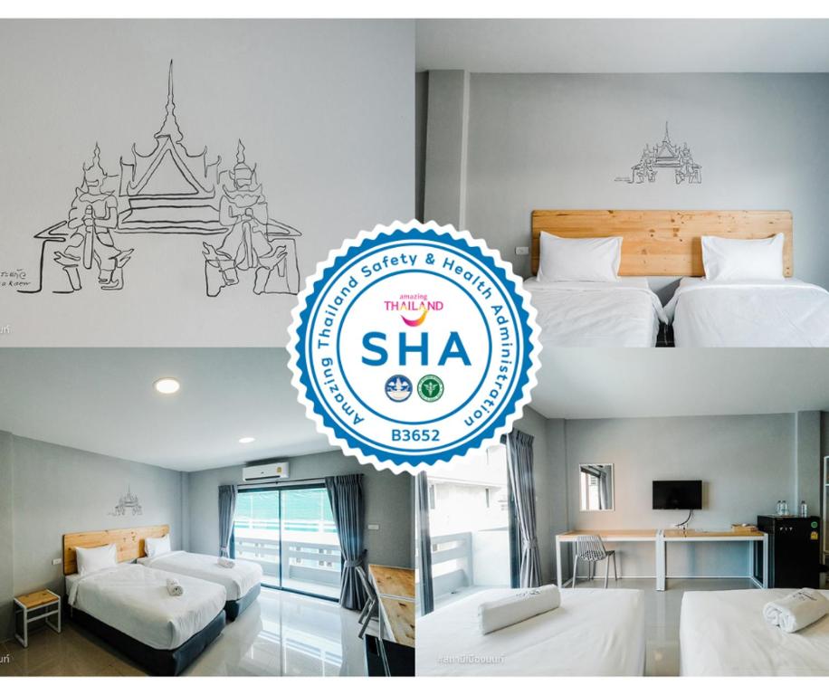 um quarto de hotel com uma placa de sha na parede em Fine Bed Hotel em Nonthaburi