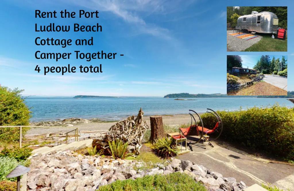 a collage of photos of a beach and a rv at Private Beach - Book Port Ludlow Beach Cottage and Camper Together in Port Ludlow