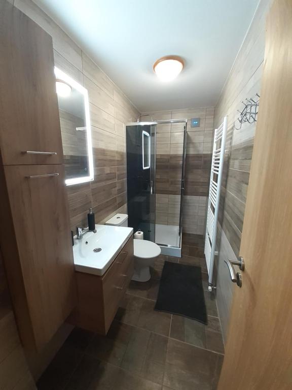 łazienka z umywalką, toaletą i prysznicem w obiekcie Apartmán s privátní VÍŘIVKOU w mieście Bzenec