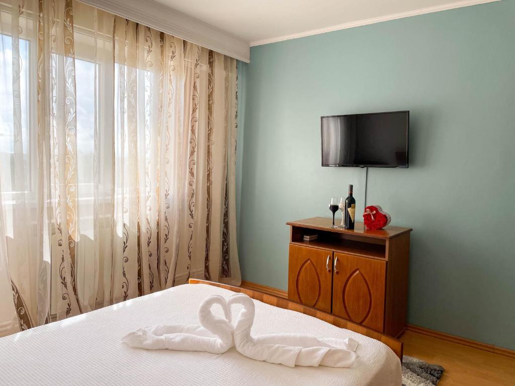 コンスタンツァにあるDany's Apartment Constantaのベッドルーム1室(ベッド1台、テレビ、ベッドスカート付)