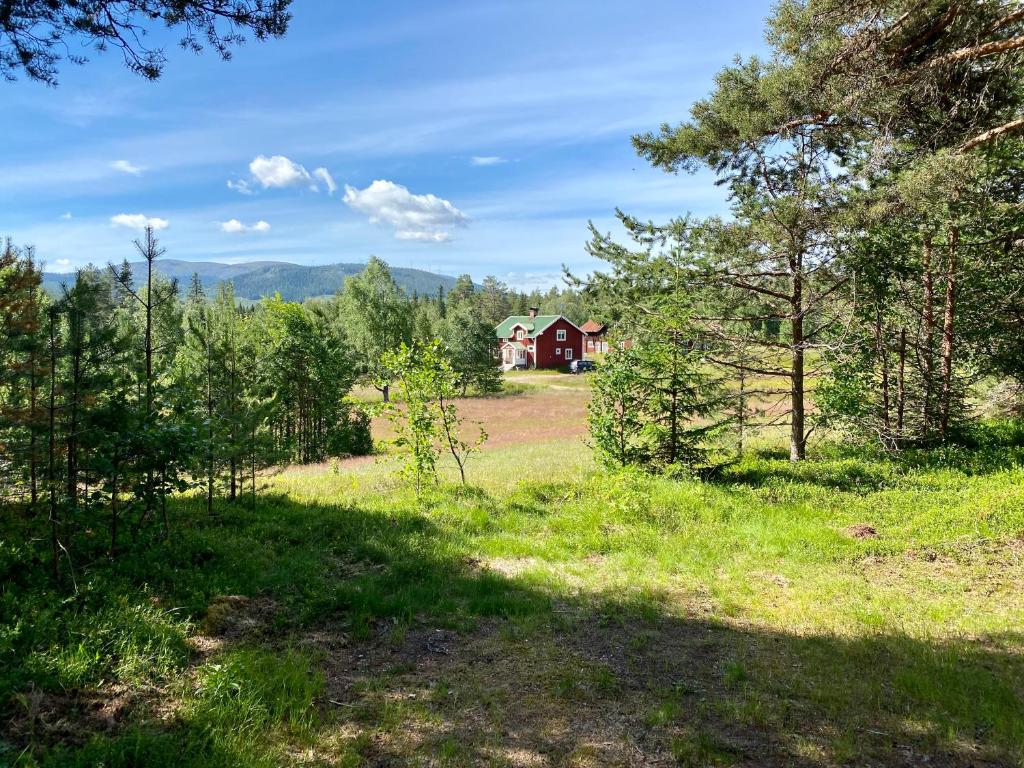 una casa roja en medio de un campo con árboles en Dalsvallen en Sveg