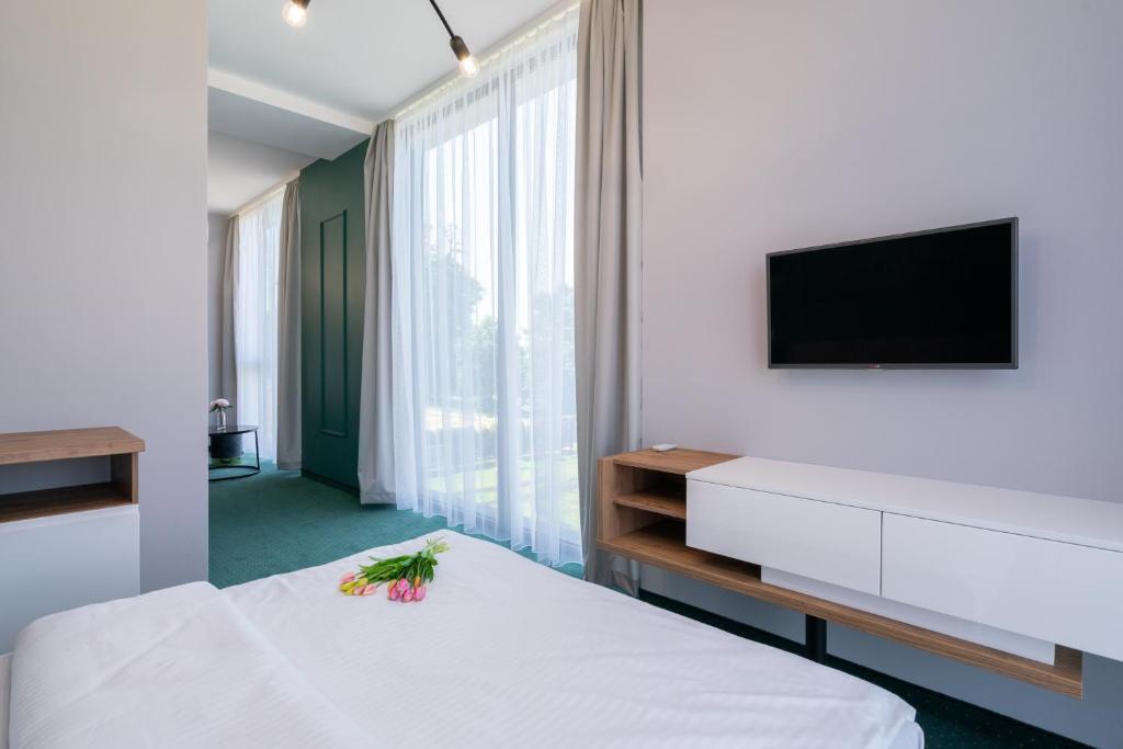 Televízia a/alebo spoločenská miestnosť v ubytovaní Aquila Hotel