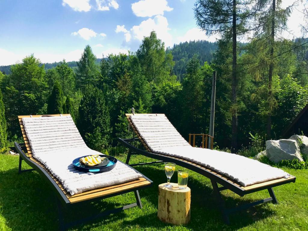 dwa krzesła w trawie ze stołem i kieliszkami do wina w obiekcie Villa Good Time w Wiśle