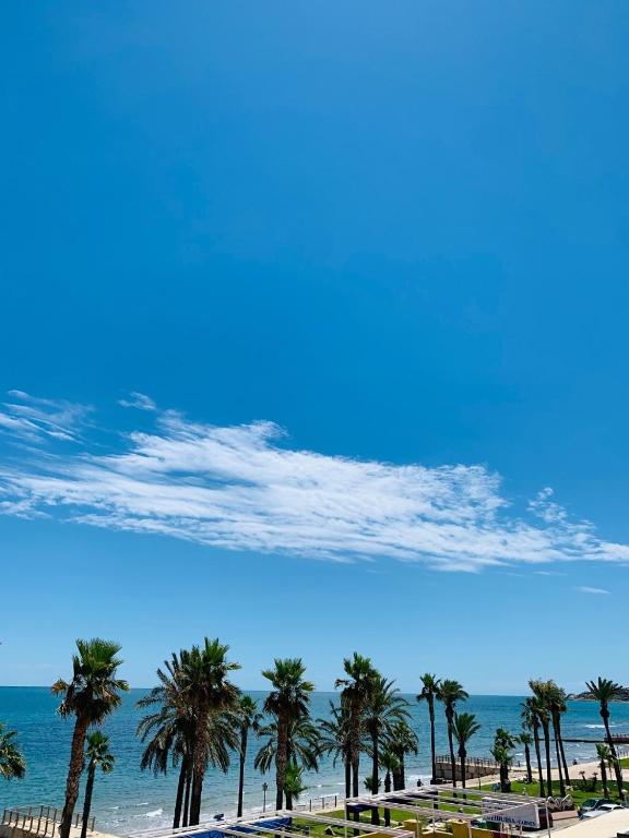widok na plażę z palmami i ocean w obiekcie Apartamentos Boutique El Cano w mieście Oropesa del Mar