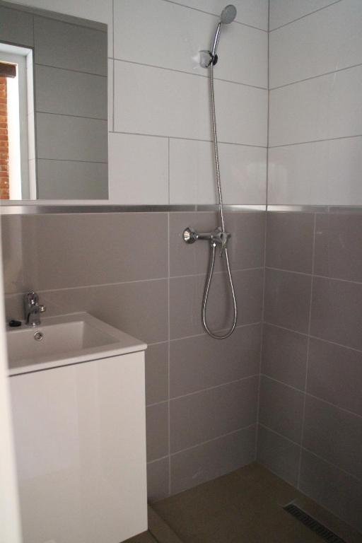 uma casa de banho com um chuveiro e um lavatório. em Balassa House em Siófok