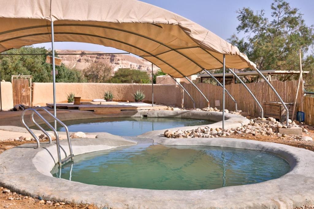 a small pool with an umbrella in a yard at Desert Days mud cabin's Resort in Zuqim