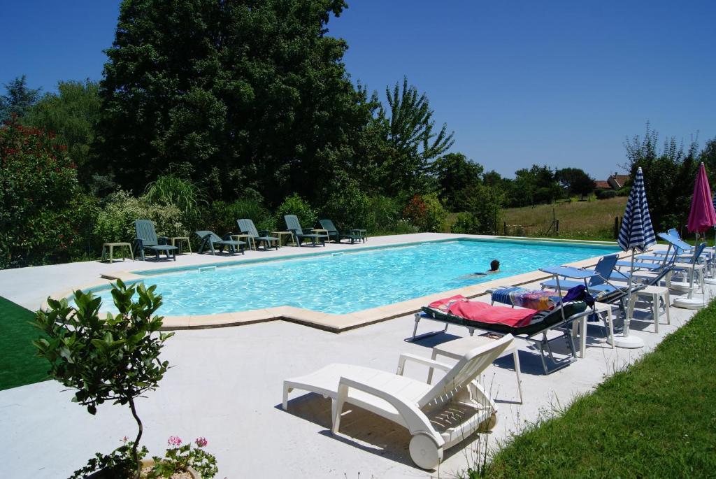 uma grande piscina com espreguiçadeiras e um grupo de pessoas em Les 4 Saisons em Sarlat-la-Canéda