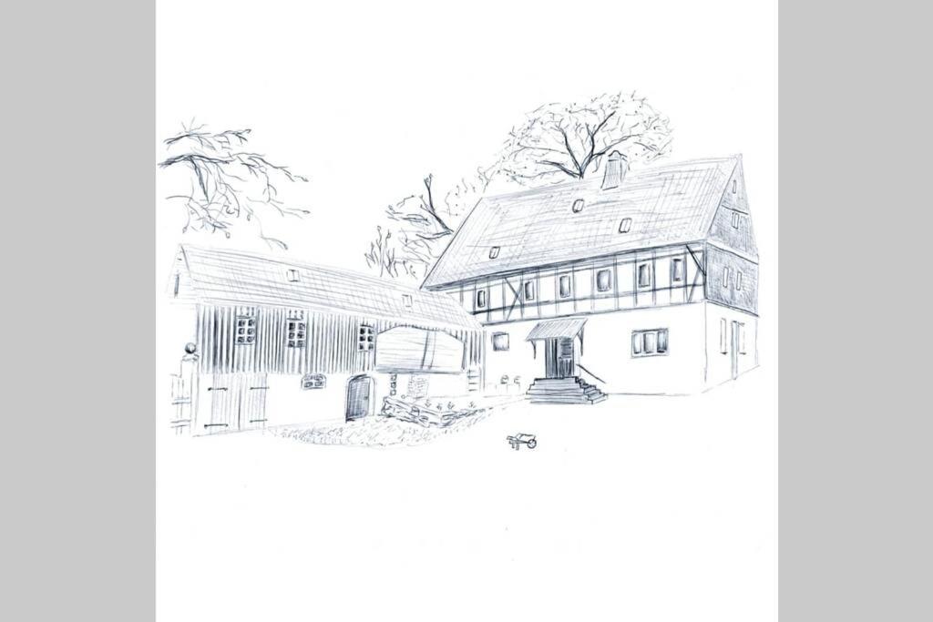 une image d'un dessin d'une maison dans l'établissement Mothsgut - moderne Ferienwohnung auf dem Bauernhof im Erzgebirge, à Oelsnitz