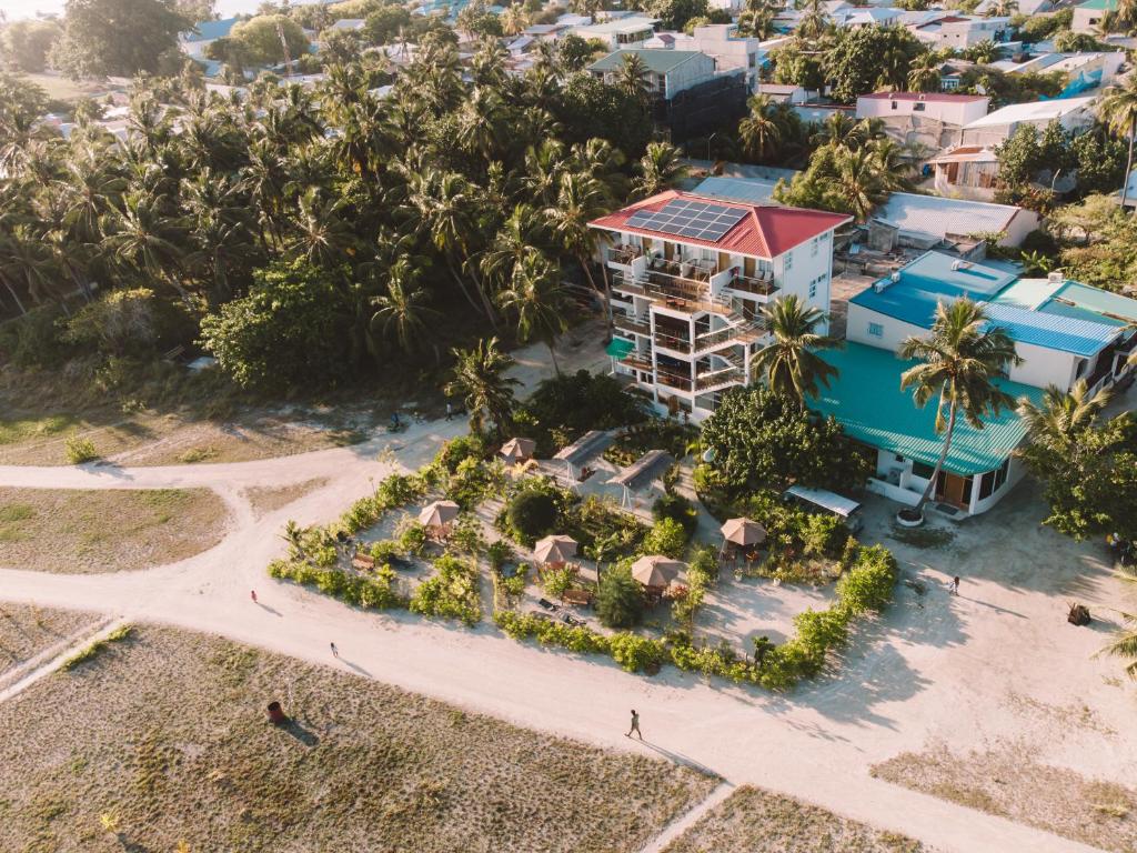 Reef Edge Thulusdhoo, Maldives في ثولوسدو: اطلالة جوية على منتجع فيه نخيل