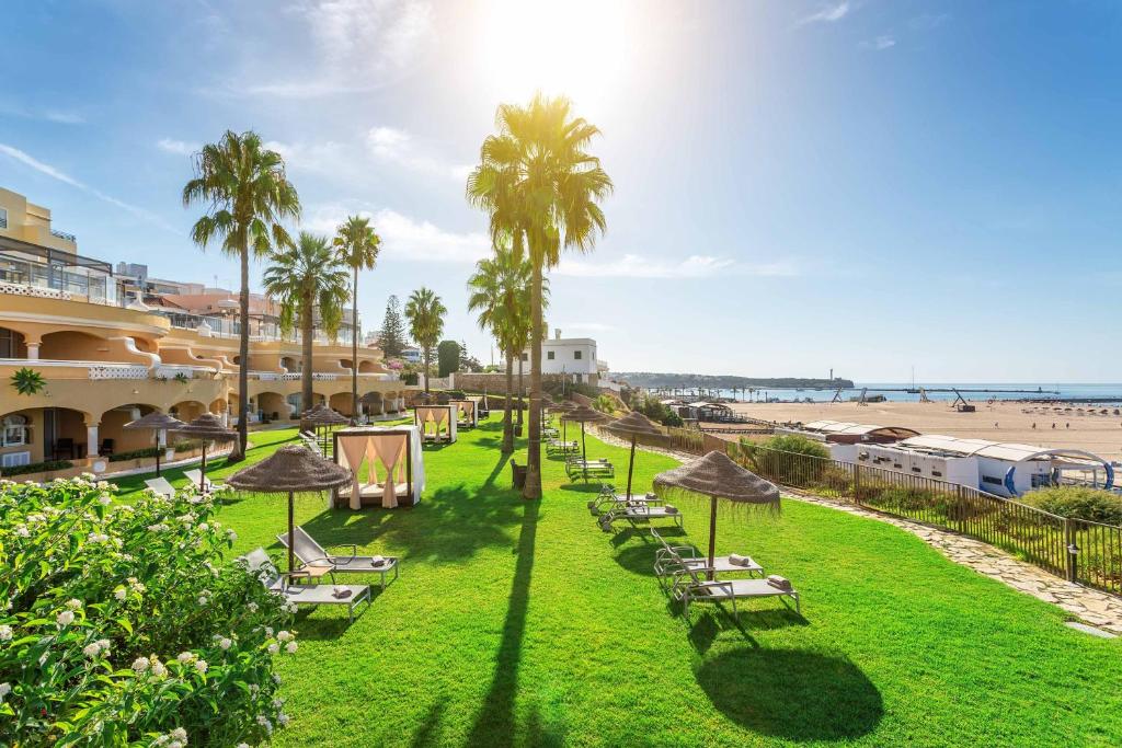 a park with chairs and palm trees and a beach at AP Oriental Beach - Adults Friendly in Portimão