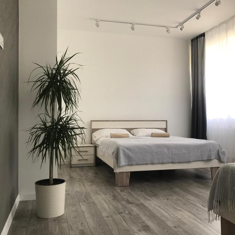 テルノーピリにあるЗатишні та просторі апартаменти в новобудовіのベッドルーム(ベッド1台、鉢植えの植物付)