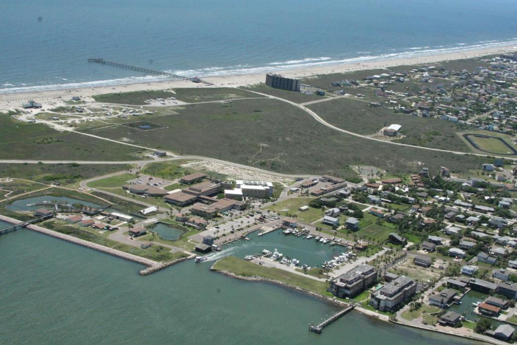 an aerial view of a resort near the beach at Channelview 305 in Port Aransas
