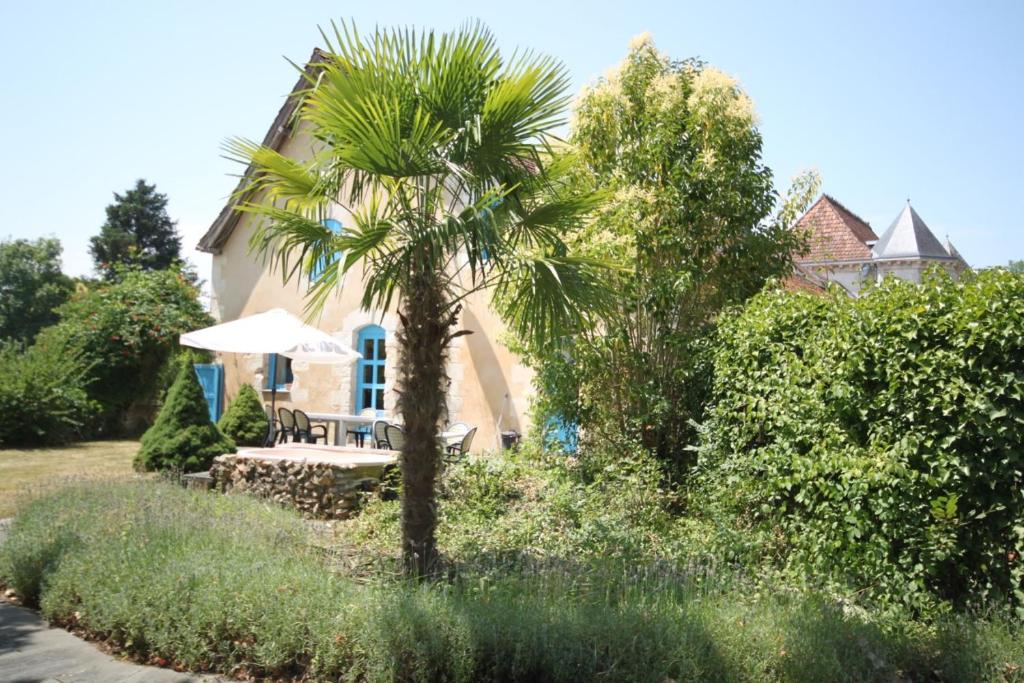 a palm tree in front of a house with an umbrella at Vakantiehuis 10 personnes in Queyssac