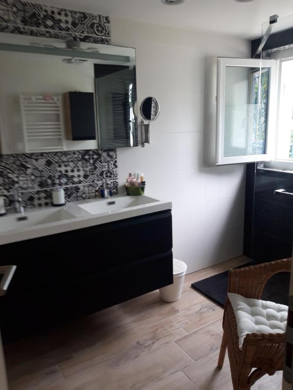 uma casa de banho com um lavatório e um espelho em Chambre d'hôtes kaxu em Bassussarry