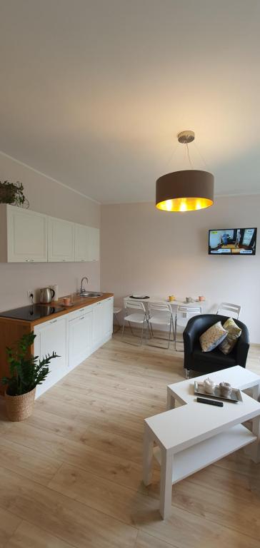 a kitchen and a living room with a couch and a table at APARTAMENTY TU 27 in Kudowa-Zdrój