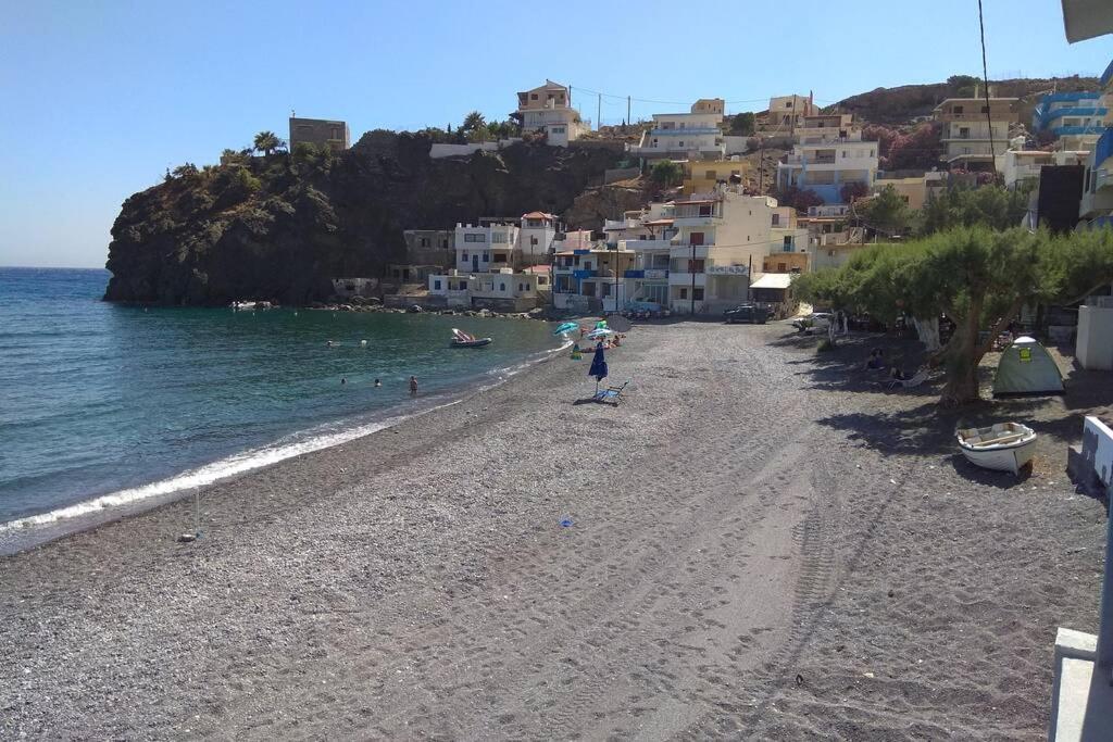 a person standing on a beach near the water at Tris Ekklisies Seaside Beach Apartment in Paránimfoi