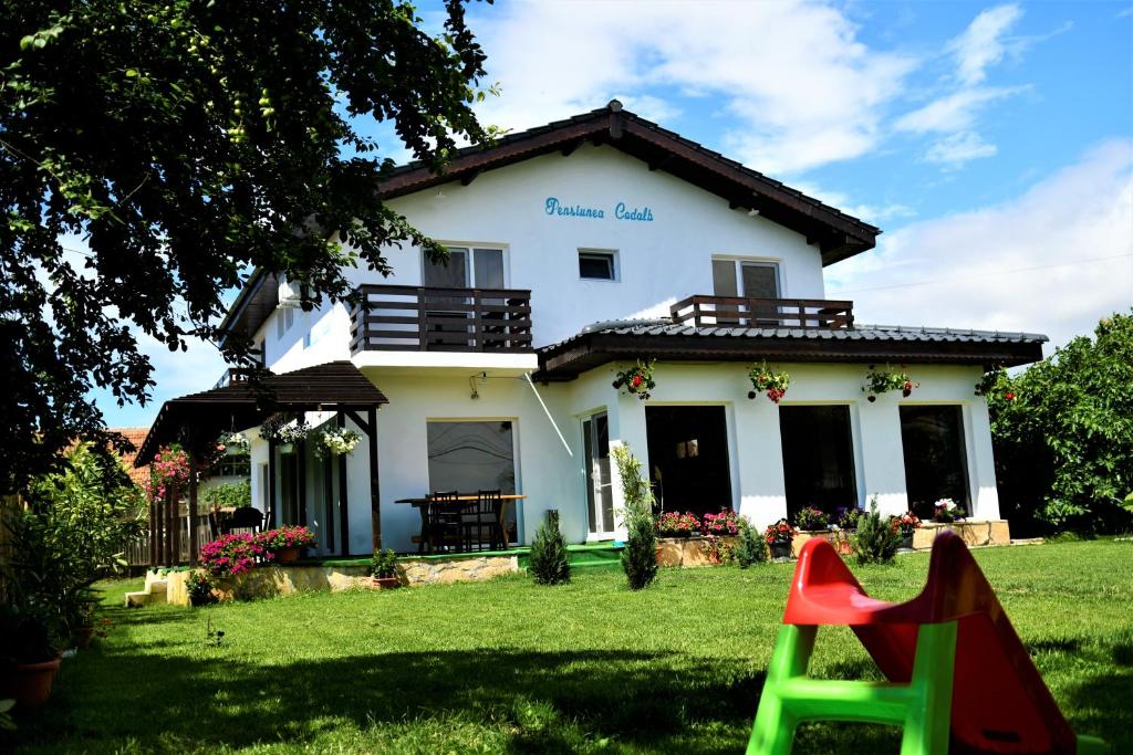 a house with a playground in front of it at Pensiunea Codalb in Jurilovca