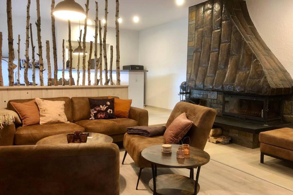 a living room with a couch and a fireplace at Ferienwohnung Birkenlodge in Schmallenberg