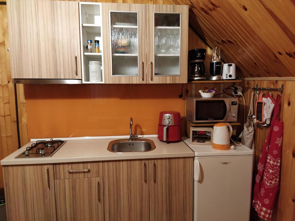 a small kitchen with a sink and a microwave at Apartmani San in Plitvička Jezera