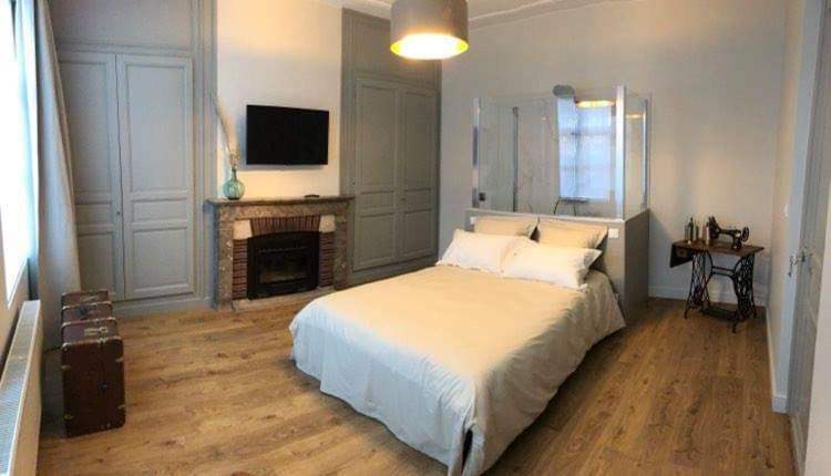 um quarto com uma cama grande e uma lareira em Les chambres Berguoises Chambre Rez-de-chaussée au coeur de Bergues em Bergues
