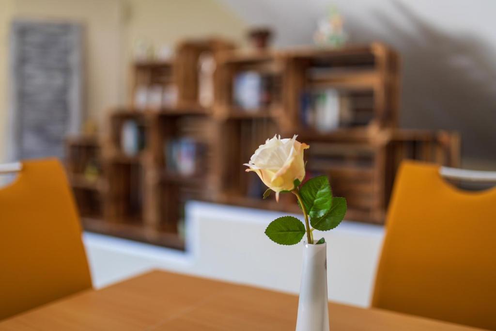 Landhotel Gillenfelder Hof في Gillenfeld: وردة بيضاء في مزهرية بيضاء على طاولة