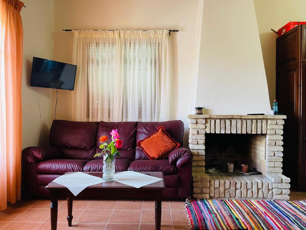 a living room with a purple couch and a fireplace at Serenita Villa in Zakynthos
