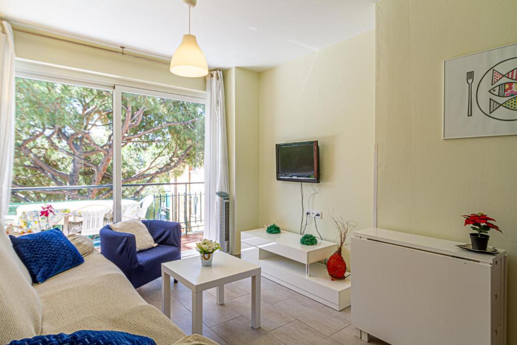 uma sala de estar com um sofá e uma televisão em Apartment Cabrera Montserrat em Cabrera de Mar