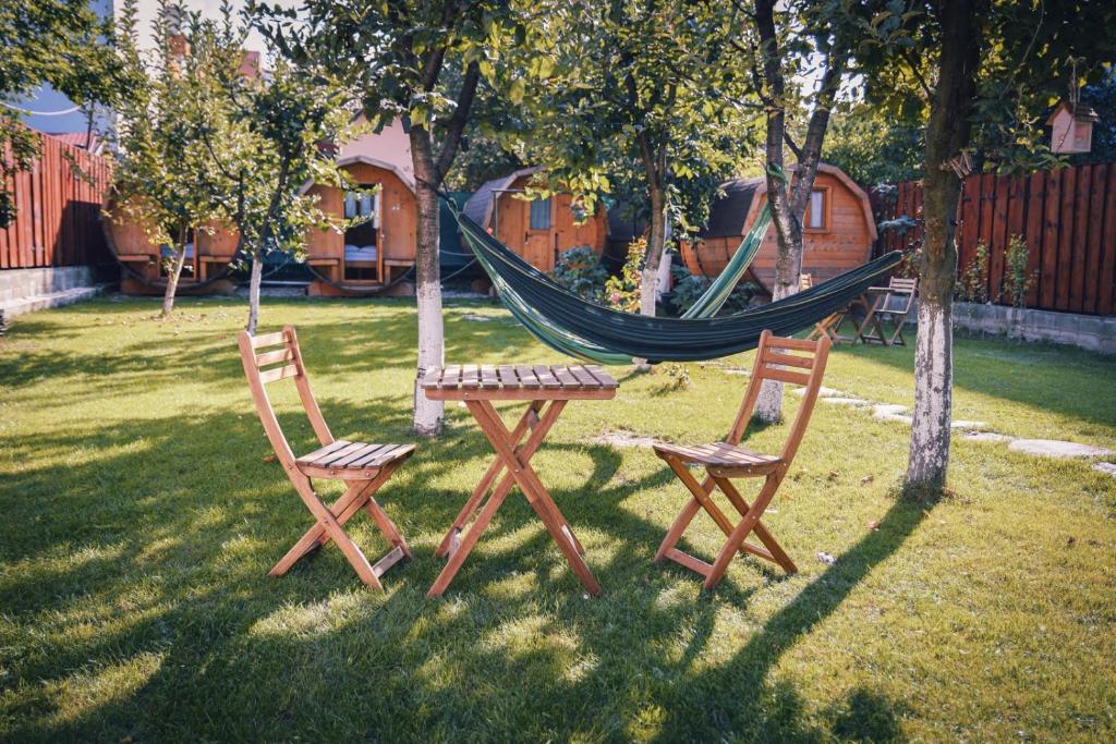 two chairs and a hammock in a yard at Zozo Hostel in Braşov