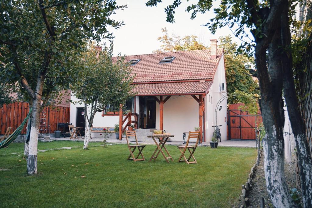 a house with a table and chairs in the yard at Zozo House in Braşov