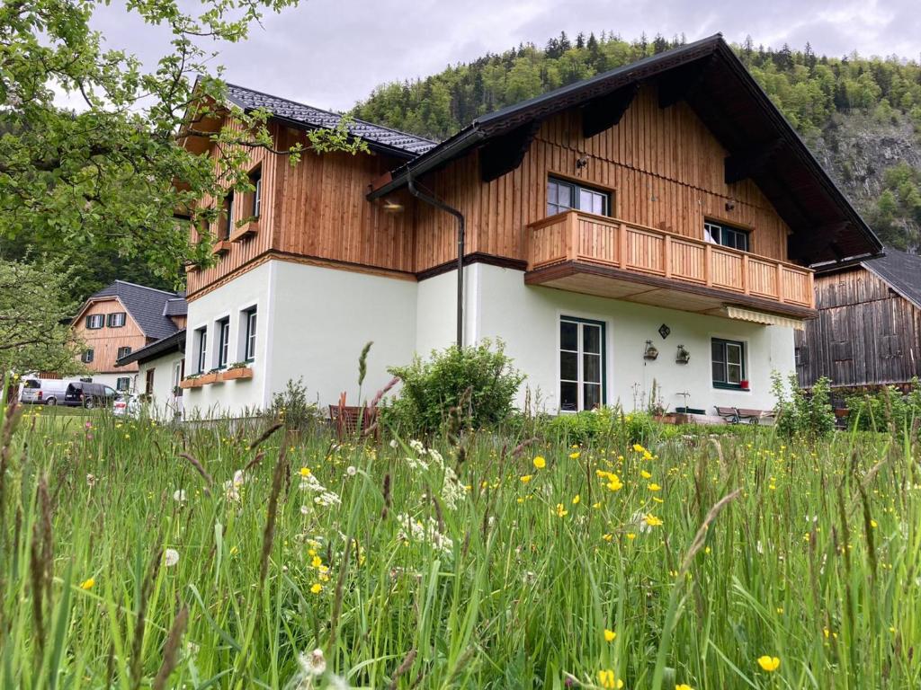 a house with a wooden roof in a field of grass at Egglmeiers Doppelzimmer in Grundlsee