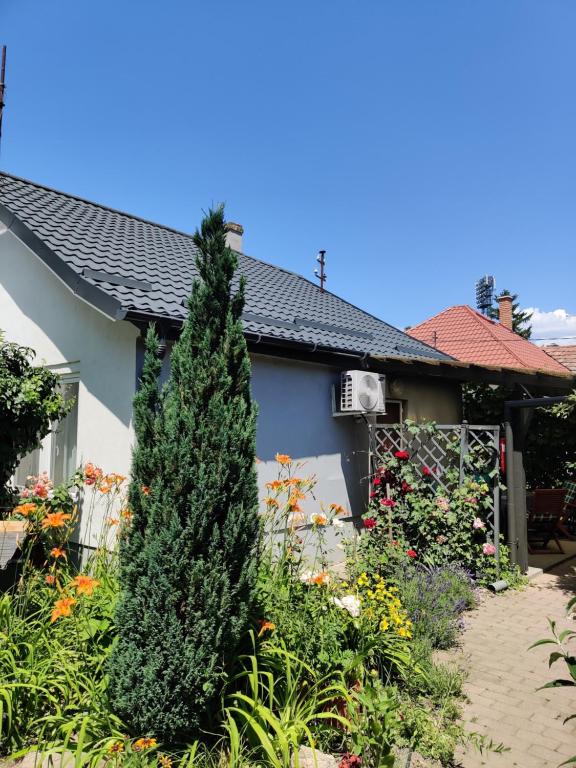 a christmas tree in a garden in front of a house at Lenart House 1 in Siófok