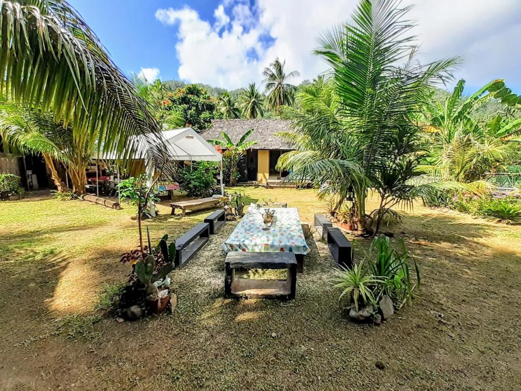 einem Picknicktisch vor einem Haus mit Palmen in der Unterkunft MOOREA - Local Spirit 6 in Hauru