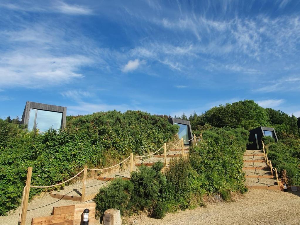 un conjunto de escaleras en un jardín con arbustos en Tara Hill Estate en Gorey