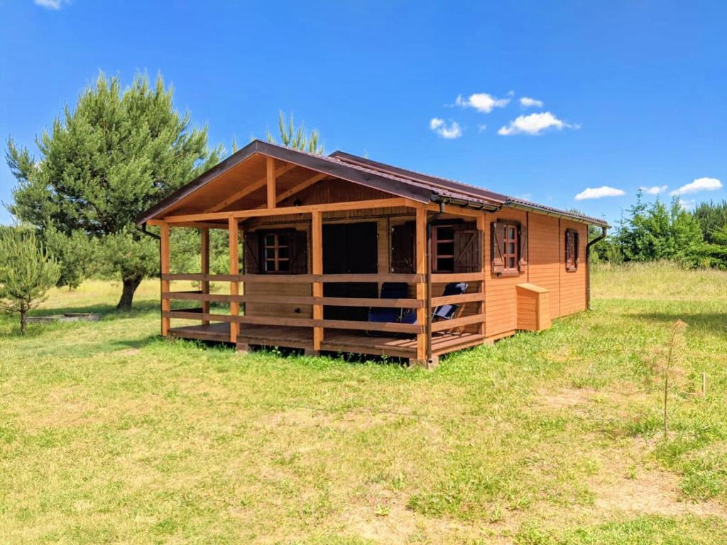 a small wooden cabin in a field of grass at Domek letniskowy nad jeziorem in Barczewo