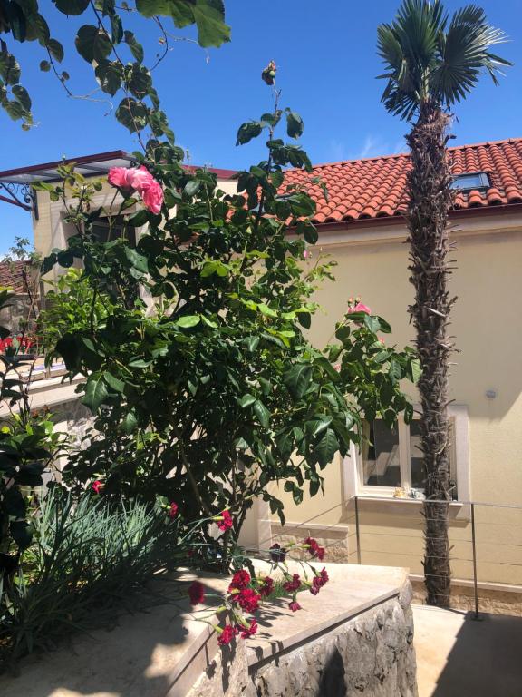 uma roseira num quintal com uma palmeira em Beautiful View Apt 2 em Opatija