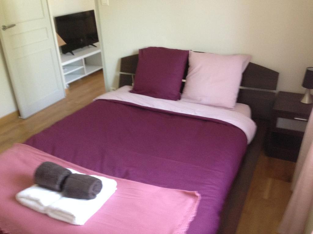 Saint-Léger-sur-DheuneにあるLa Conciergerie du Manoirの大型ベッド(紫色のシーツ、タオル付)