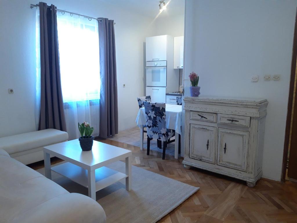 ein Wohnzimmer mit einem Sofa und einem Tisch in der Unterkunft Apartman Zuki in Zagreb