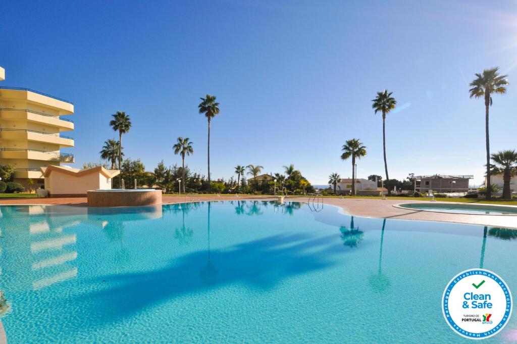 uma grande piscina com palmeiras ao fundo em Galé Mar by OCvillas em Albufeira