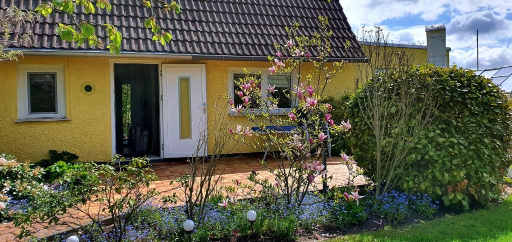 ein gelbes Haus mit einem Fenster und ein paar Blumen in der Unterkunft Ferienhaus Sonneck in Klockenhagen