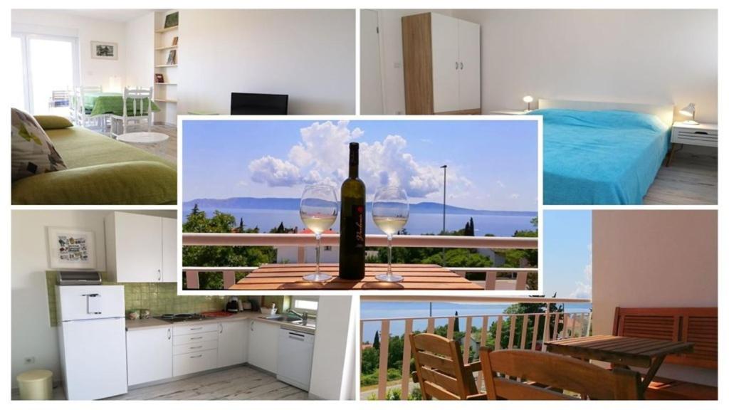 a collage of photos with a bottle of wine and glasses at Apartmani Mentha & Lipa in Novi Vinodolski