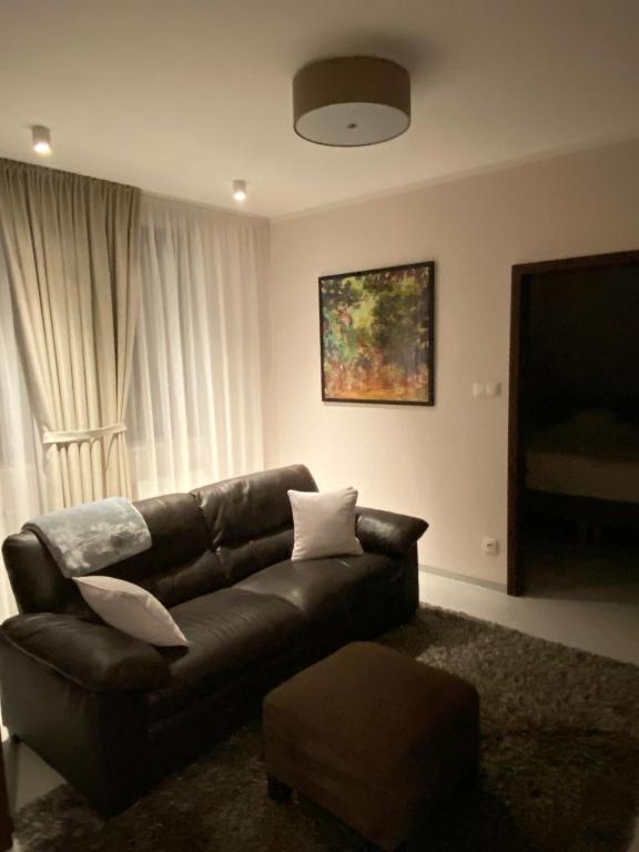 uma sala de estar com um sofá de couro e uma janela em Vila48 em Ostrava