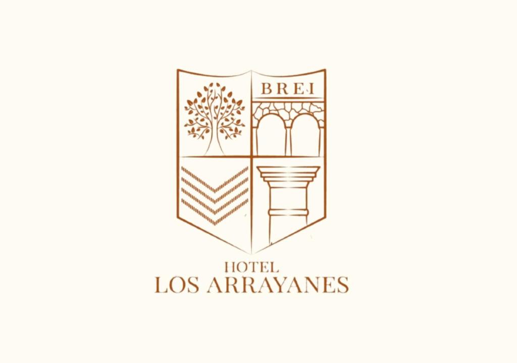 a label for a hotel los arranges with a drawing of the facade at Los Arrayanes in Oaxaca City