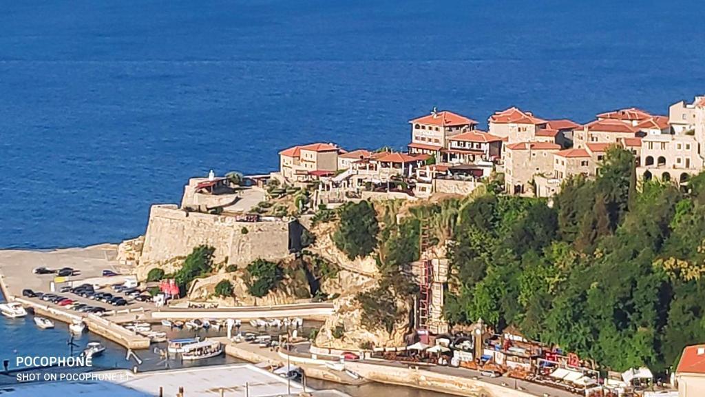 a group of houses on a hill next to the ocean at Apartments Baja in Ulcinj