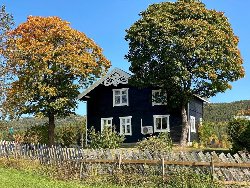 uma casa preta com uma bicicleta pintada nela em Eika Cottage: Cozy, rural, spacious and well-equiped em Åmot